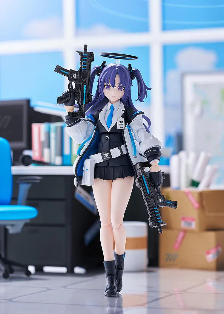 Blue Archive figma Yuuka Hayase Figure Rerelease featuring Yuuka with purple twin tails, academy-style outfit, halo detail, and tactical weapon accessories.