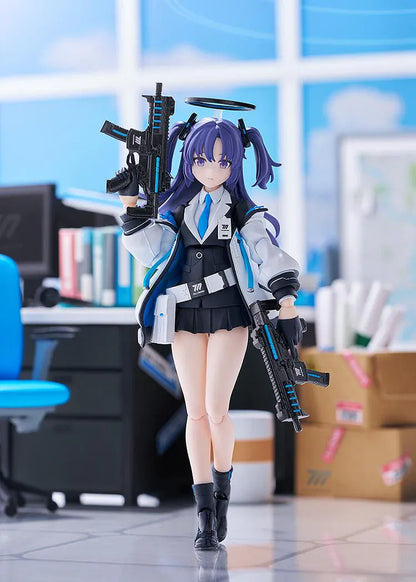 Blue Archive figma Yuuka Hayase Figure Rerelease featuring Yuuka with purple twin tails, academy-style outfit, halo detail, and tactical weapon accessories.