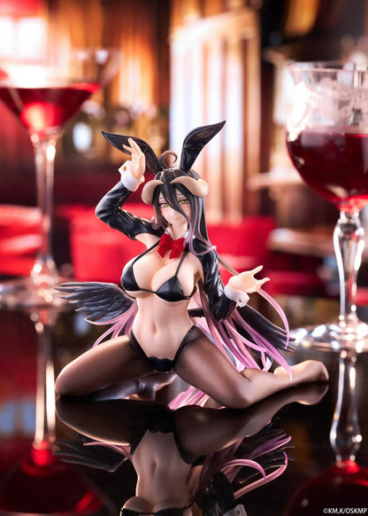 Albedo MOFLOCK Reverse Bunny Suit figure wearing a glossy black outfit with bunny ears, sheer stockings, horns, and black wings.