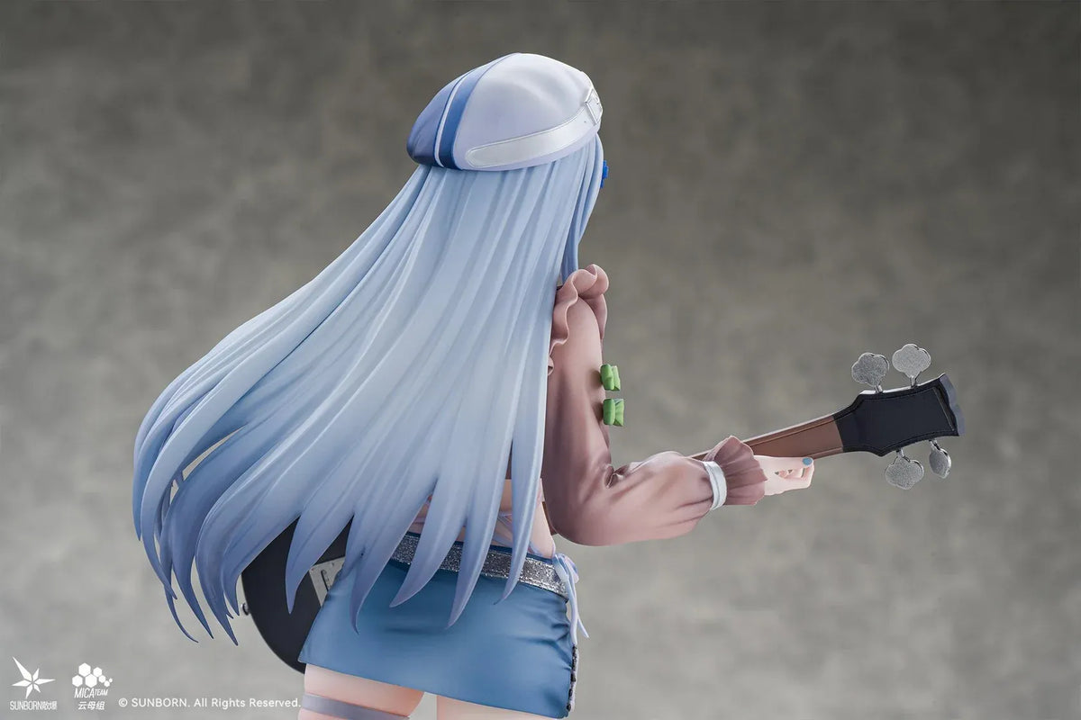 Girls' Frontline Klukai 10th Anniversary 1/6 scale figure with pale blue hair, a beret, brown jacket, blue skirt, and black bass guitar.