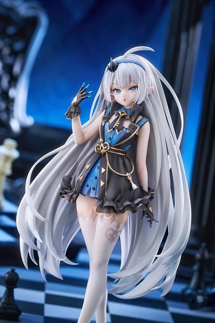 Stella Sora female Tyrant 1/7 scale figure with long silver-blue hair, a black-and-blue ruffled outfit, white stockings, and a blue display base.