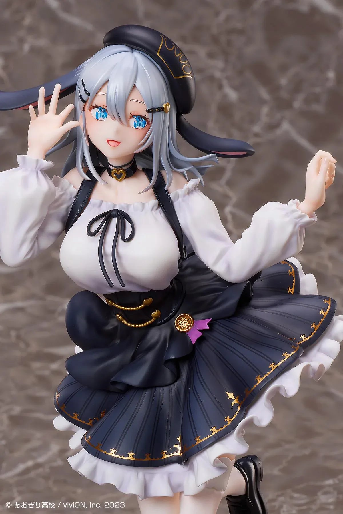 Aogiri High School Yamaguro Nekuro Casual Outfit Ver. 1/7 scale figure featuring a black-and-white dress, silver hair, bunny-inspired beret, and elegant display base
