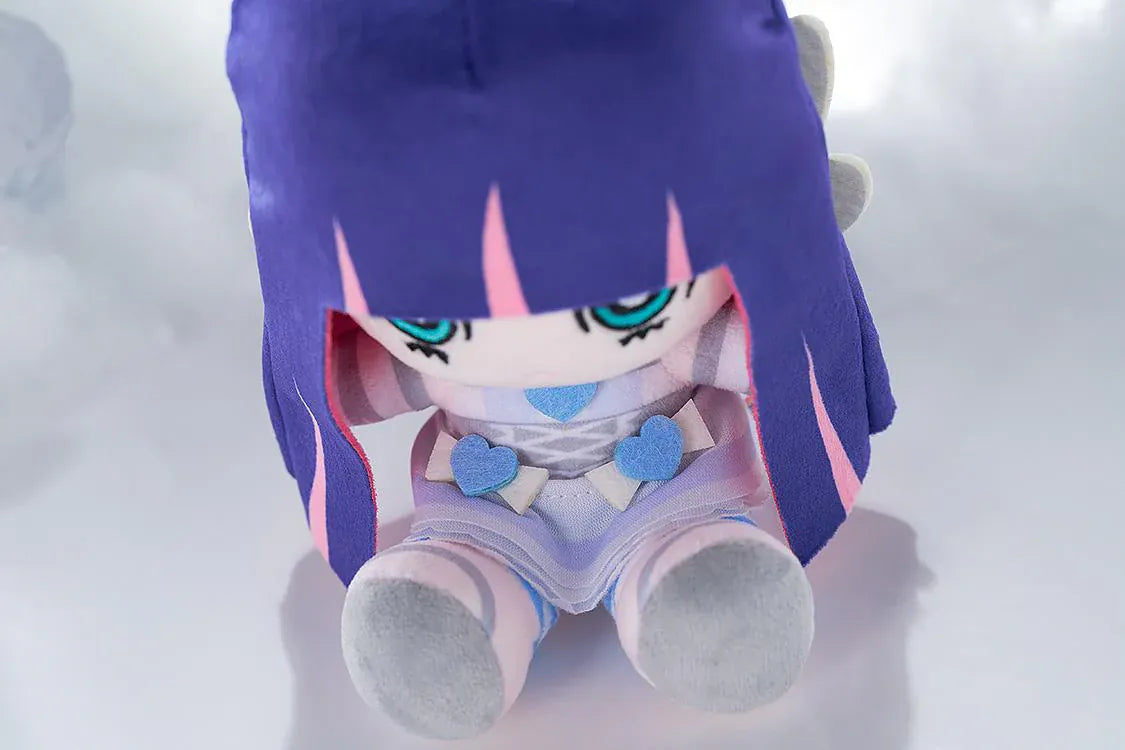 New PANTY & STOCKING with GARTERBELT Stocking Punipuni Plushie with purple hair, blue eyes, heart details, and seated chibi plush design