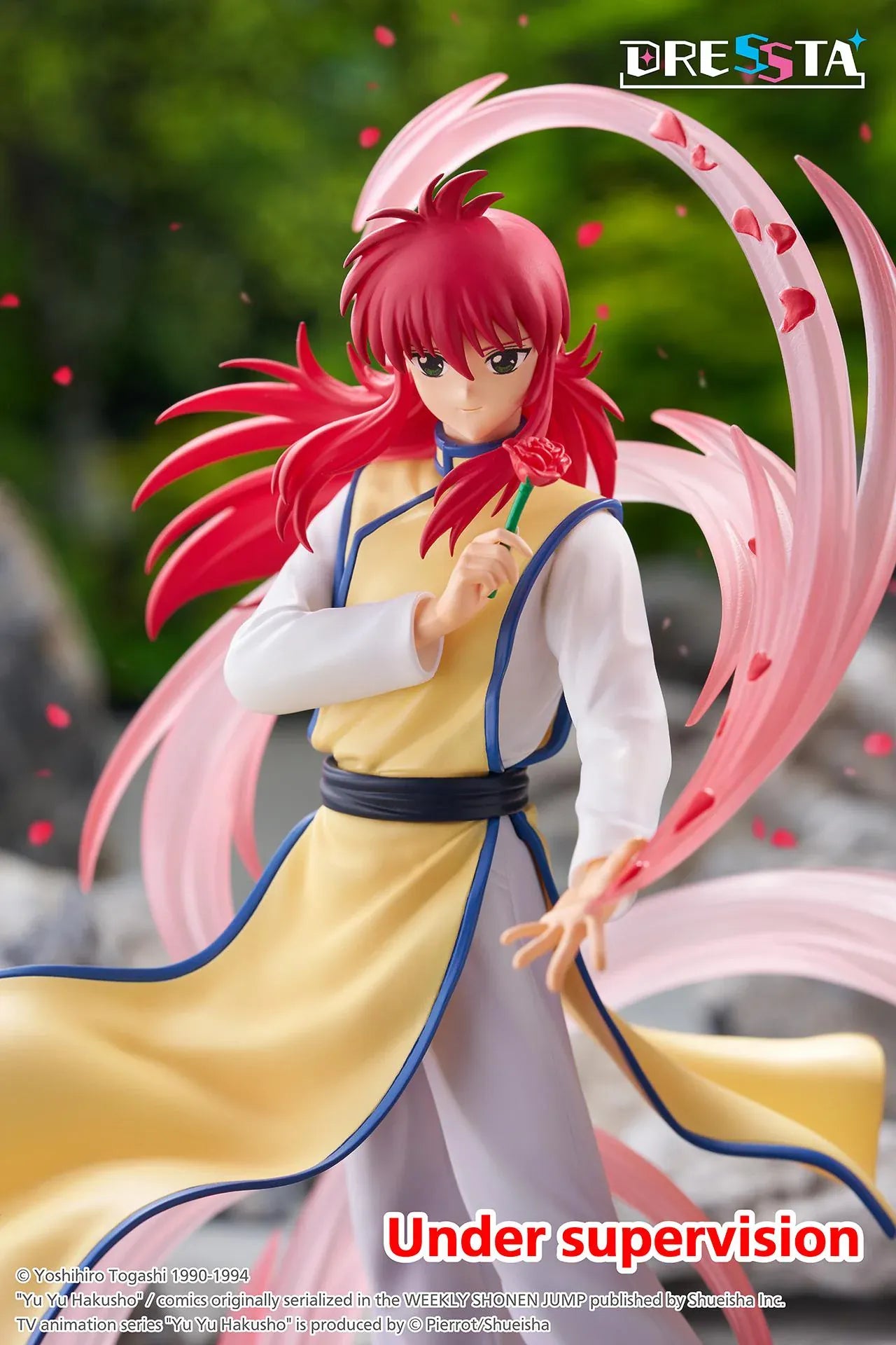 Yu Yu Hakusho Dressta Kurama Figure with red hair, yellow outfit, rose accessory, pink energy effects, and display base