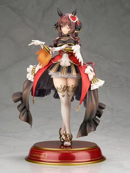 Umamusume Pretty Derby Gentildonna 1/7 Scale Figure featuring a brown-haired horse girl with a playful wink, an elaborate black, red, and gold outfit, flowing decorative fabric, white ruffles, ornate accessories, elegant stockings, and gold-accented heels standing on a red and gold circular display base.