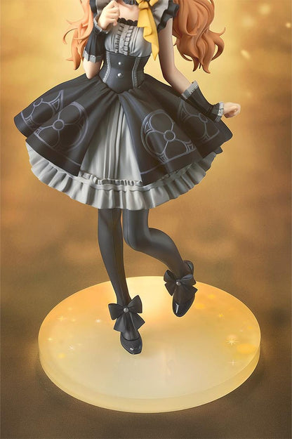 Scale figure of Mari from Blue Archive in her Pop Idol outfit, wearing a black and gray frilled dress with cat ears, hat, and ribboned heels on a yellow base.