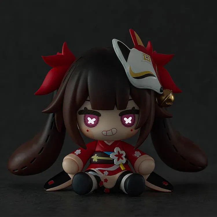 Honkai Star Rail HUGGY BOOM Sparkle's Bomb Doll featuring a chibi-style Sparkle doll with red outfit, black hair, fox mask, pink eyes, and seated pose.