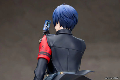 Persona 3 Reload Limepie Protagonist 1/8 Scale Figure with blue hair, black jacket, S.E.E.S. armband, headphones, and themed display base