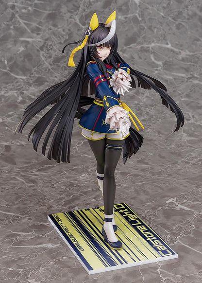 Scale figure of Uma Musume: Pretty Derby’s Calstone Light O in a blue and yellow racing outfit, long black hair flowing as she poses confidently on a striped base.