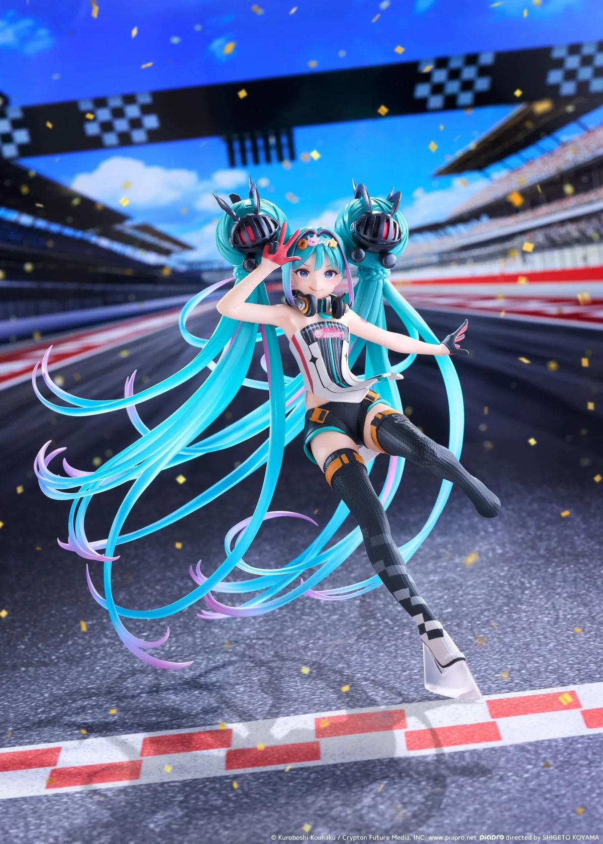 Hatsune Miku Taito Kuji Racing Miku 2026 figure wearing a futuristic racing outfit with flowing turquoise twin-tails and headphones.