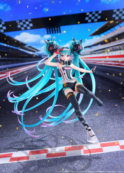 Hatsune Miku Taito Kuji Racing Miku 2026 figure wearing a futuristic racing outfit with flowing turquoise twin-tails and headphones.