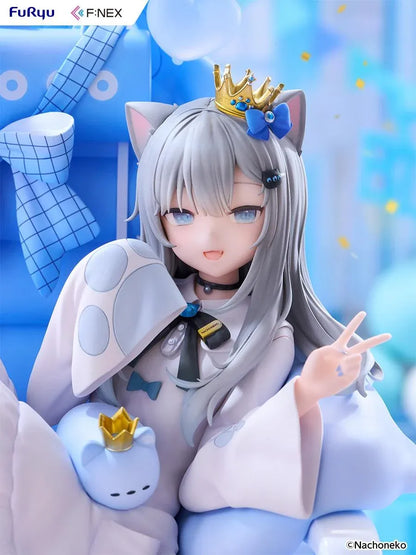 Nachoneko Birthday Ver. 1/7 Scale Figure by FuRyu F featuring a silver-haired cat girl with a golden crown relaxing in a blue gaming chair decorated with balloons, ribbons, and cat accessories.