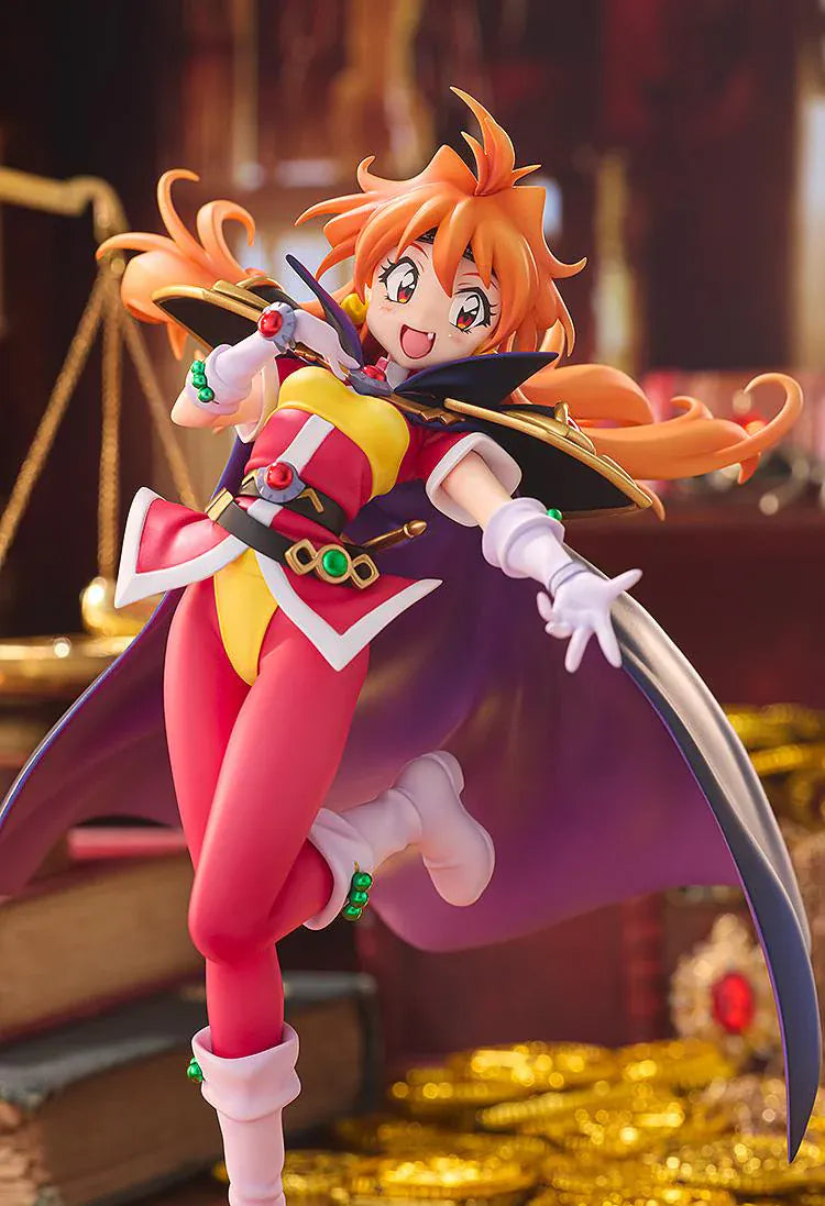Slayers Lina Inverse Light Novel Non-scale Figure featuring Lina with bright orange hair, red and yellow outfit, black cape, white boots, and an energetic fantasy pose.