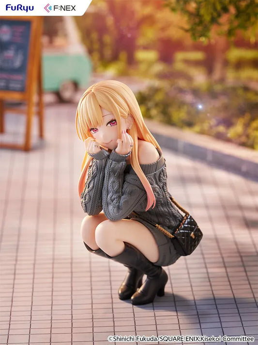 My Dress-Up Darling Kitagawa Marin knit ver. 1/6 Scale Figure featuring Marin with long blonde hair, gray oversized sweater, black boots, quilted bag, and crouching pose.