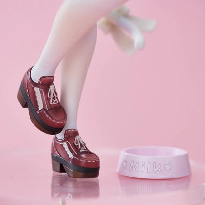 Super Sonico White Cat Ver. figure with pink hair, cat ears, glasses, blue jacket, white outfit, and milk bowl on a clear base.