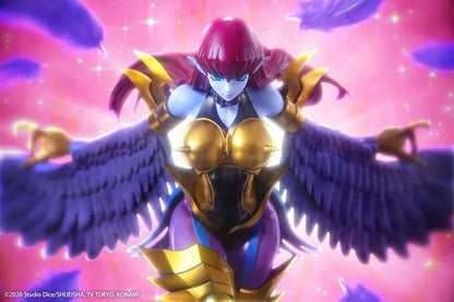 Harpie Lady figure posed in flight with outstretched purple wings, red hair, and gold Cyber Shield armor above a black display base.