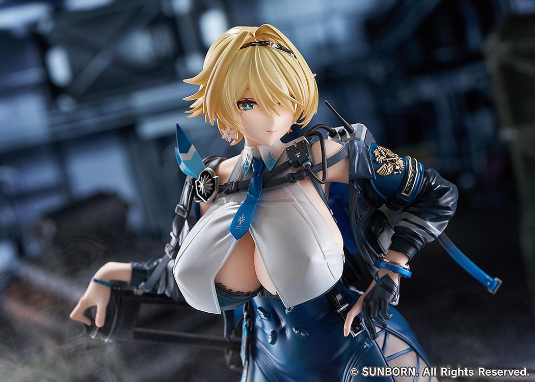 Girls' Frontline 2 Exilium Nikketa 1/6 Scale Figure with blonde hair, blue tactical outfit, weapon accessory styling, stockings, and display base