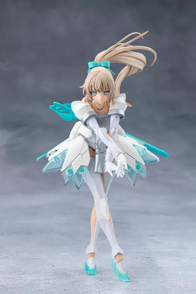Megalomaria Unlimited Universe Emulator model kit wearing white armor with translucent teal parts and wielding teal weapons.