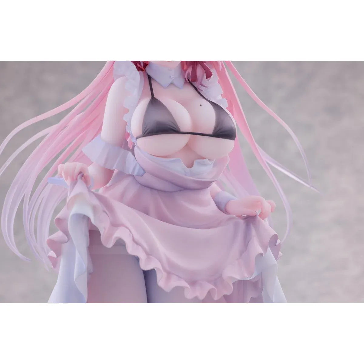 Maid Oneesan Cynthia Different Color Ver. 1/6 Scale Figure illustrated by Yukimiya Yuge, featuring a pink-haired anime girl in a frilly pink and white maid outfit with a black top, white stockings, and high heels.