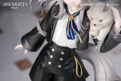 Arknights Rhodes Kids Series Lappland figure wearing a black-and-white uniform and holding a small wolf companion.
