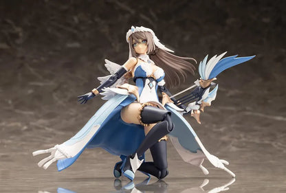 Assembled Arcanadea Ermeda model kit with long brown hair, white feathered wings, a blue and white outfit, gold armor accents, and armored boots.