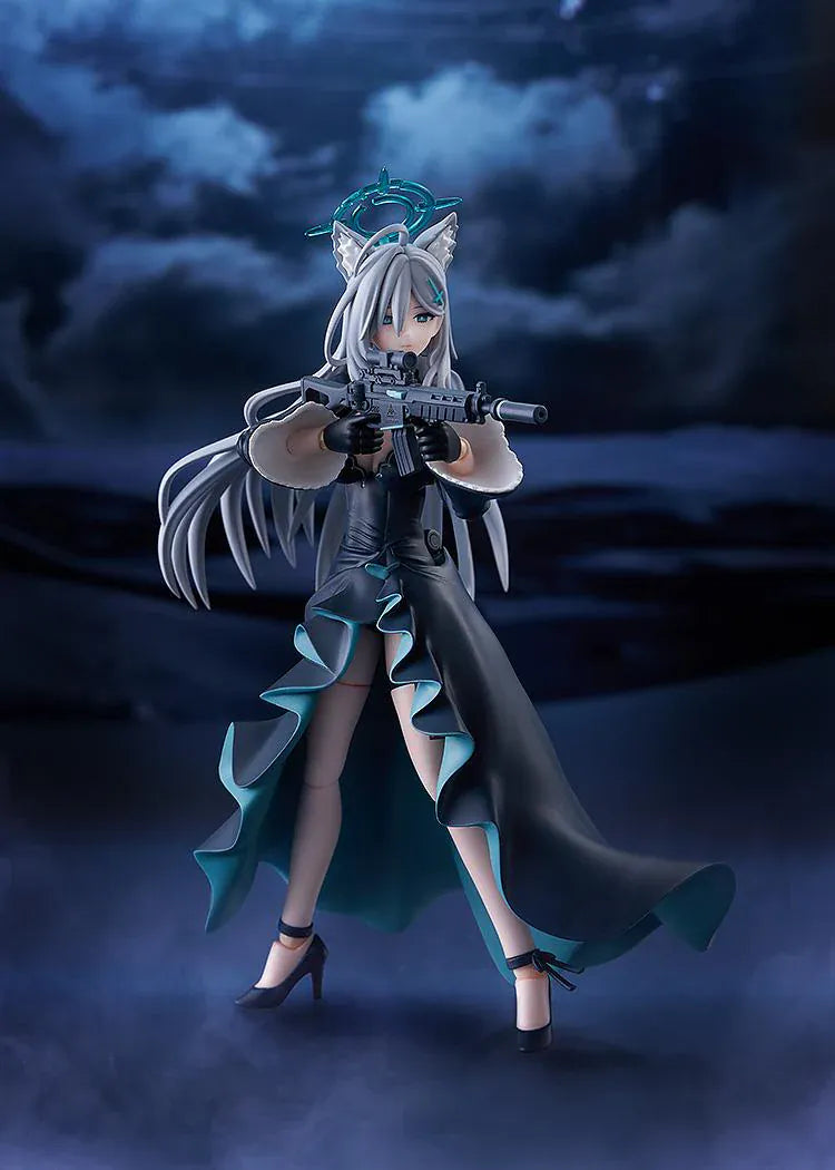 Blue Archive figma Shiroko Terror Figure with silver hair, wolf ears, halo, black outfit, flowing coat, and weapon accessory