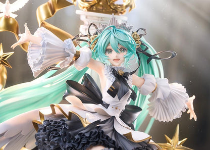 Hatsune Miku Symphony 10th Anniversary Ver. 1/7 scale figure with flowing turquoise hair, doves, gold ribbons, stars, and an ornate dress.