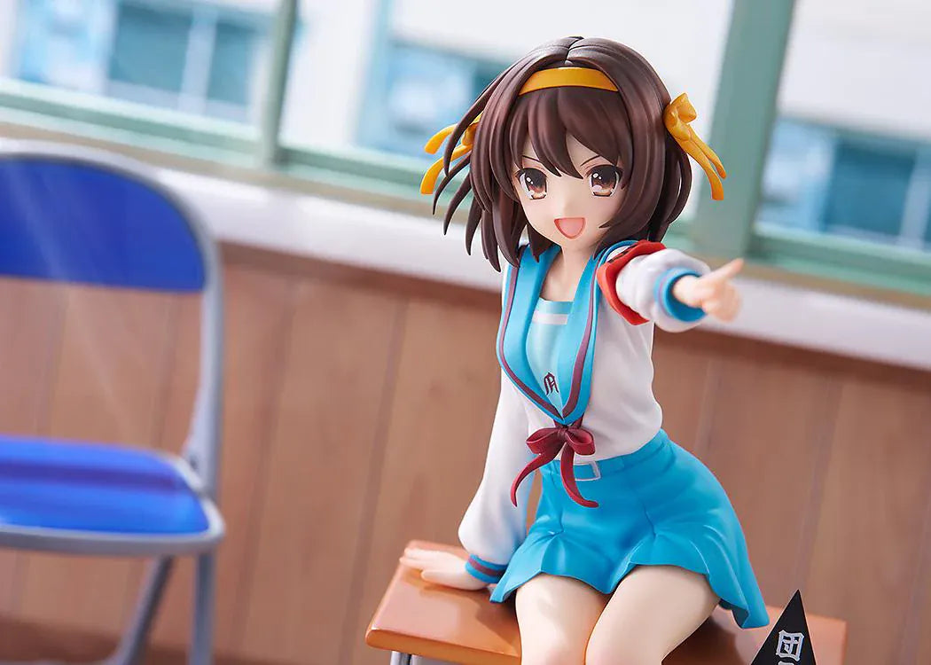 Haruhi Suzumiya 20th Anniversary 1/7 scale figure sitting on desk in school uniform