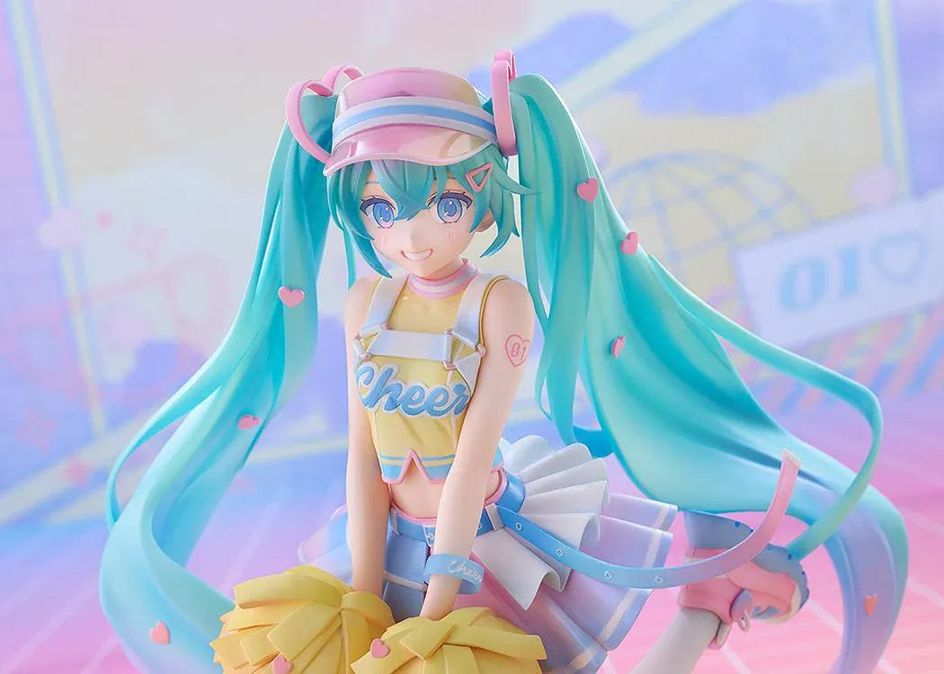 Hatsune Miku Cheerleading Ver. 1/7 scale figure holding yellow pom-poms, with turquoise twin-tails, a pastel outfit, and one leg lifted.