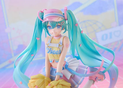 Hatsune Miku Cheerleading Ver. 1/7 scale figure holding yellow pom-poms, with turquoise twin-tails, a pastel outfit, and one leg lifted.