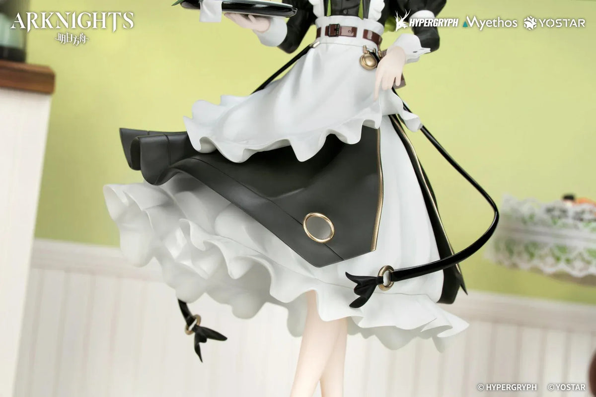Kal'tsit The Remains of Time Ver. figure wearing a flowing black and white maid dress and holding a serving tray on a translucent green base.