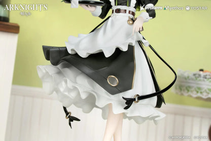 Kal'tsit The Remains of Time Ver. figure wearing a flowing black and white maid dress and holding a serving tray on a translucent green base.