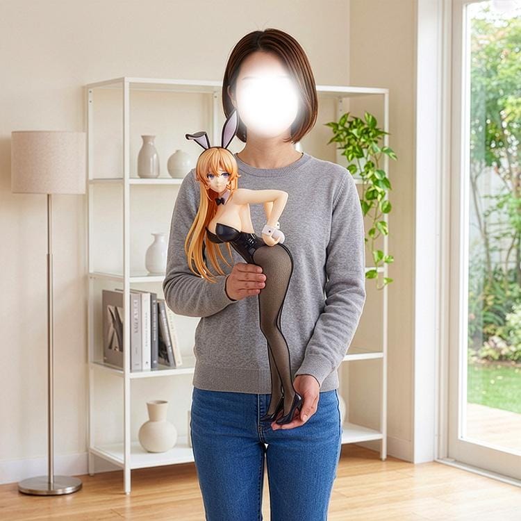 Erina Nakiri Bunny Ver. figure with long golden hair, purple eyes, black bunny ears and outfit, white cuffs, patterned tights, and black heels.