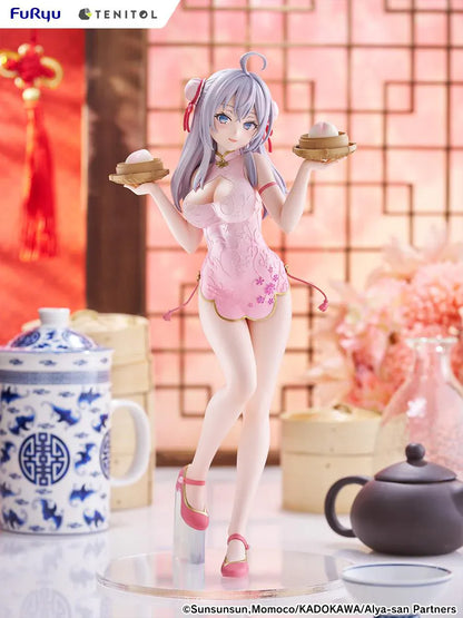 Alya Sometimes Hides Her Feelings in Russian TENITOL TALL Alya Cheongsam ver. Figure featuring Alya with long silver hair, pink cheongsam outfit, steamed bun accessories, and pink shoes.