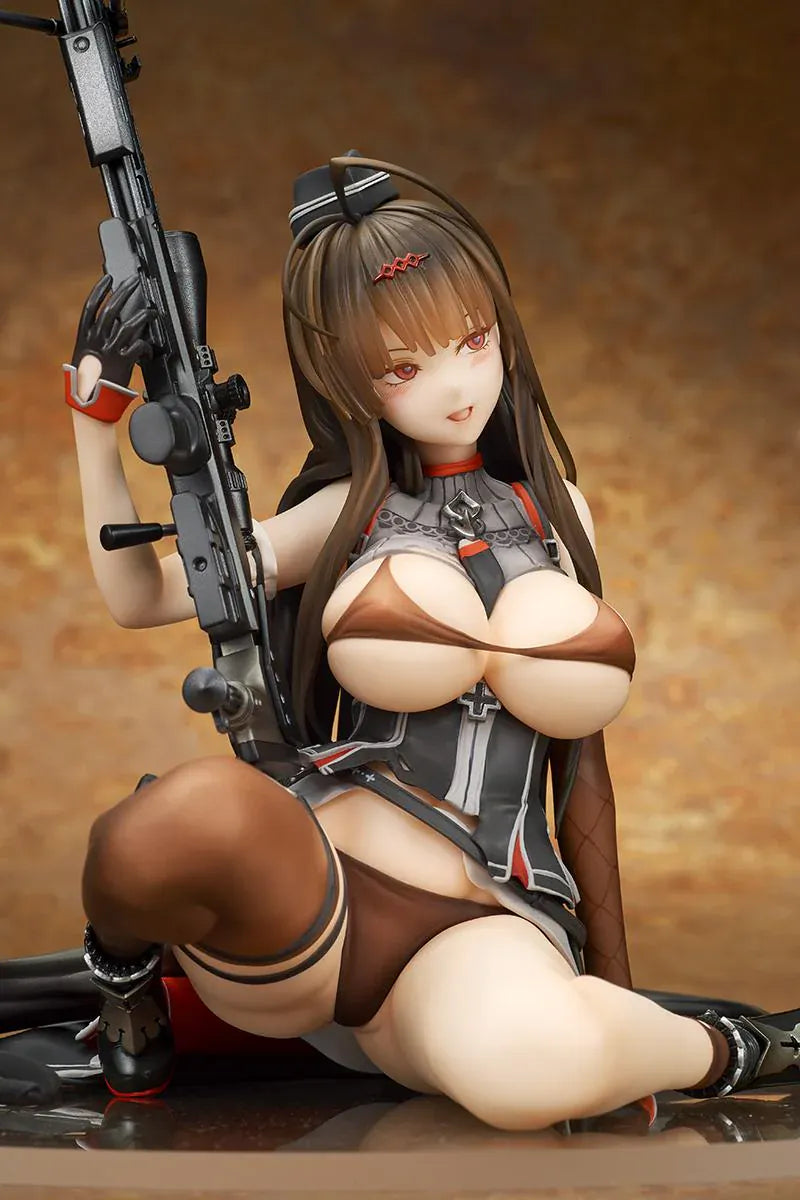 Girls' Frontline GD DSR-50 Heavy Damage 1/7 Scale Figure seated with long brown hair, tactical outfit, sniper rifle accessory, and clear display base
