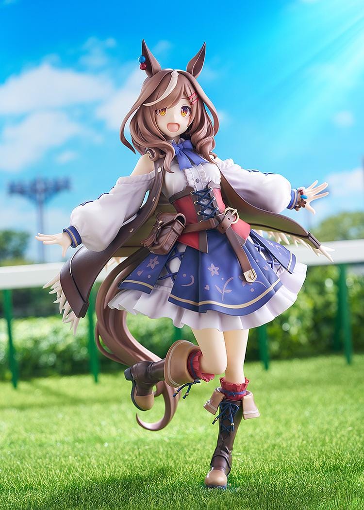 Umamusume Pretty Derby Matikanetannhauser 1/7 scale rerelease figure in a blue-and-red outfit with a flowing cape and themed display base.
