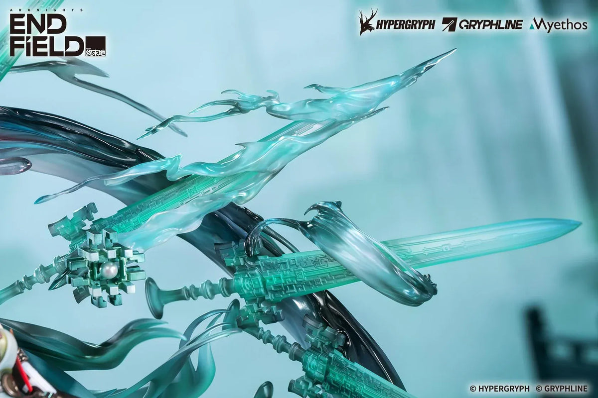 Arknights Endfield Zhuang Fangyi 1/7 scale figure with teal hair and a green outfit, surrounded by a curling dragon and translucent turquoise blades.