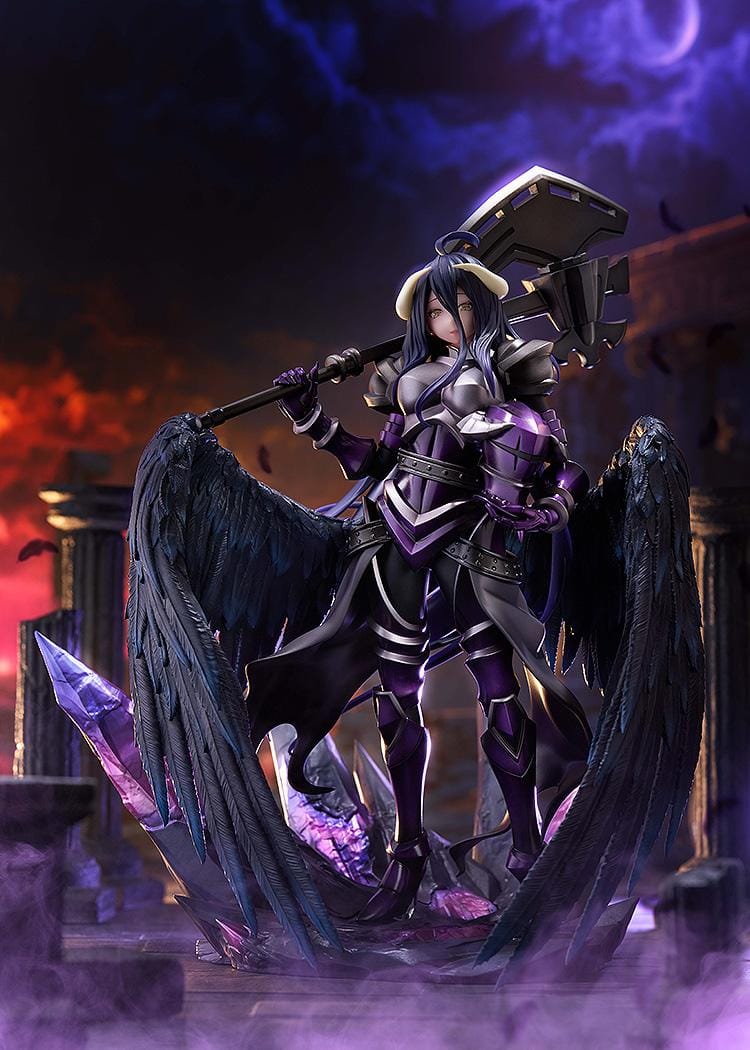 Albedo Hermes Trismegistus Ver. 1/7 scale figure in purple and silver armor, with dark feathered wings, a large black weapon, and a purple crystal base.
