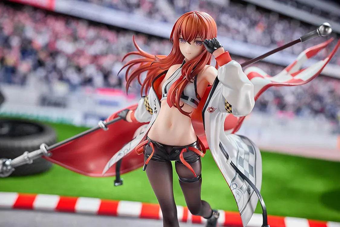 STEINS;GATE Kurisu Makise Racing Ver. set featuring a 1/7 scale figure on a road-inspired base and a matching seated plushie, both with red flags.