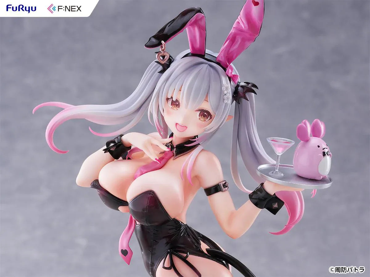 Suou Patra Bunny Ver 1/6 Scale Figure by FuRyu F:NEX wearing a black and pink bunny outfit with stockings, heels, bunny ears, and tail