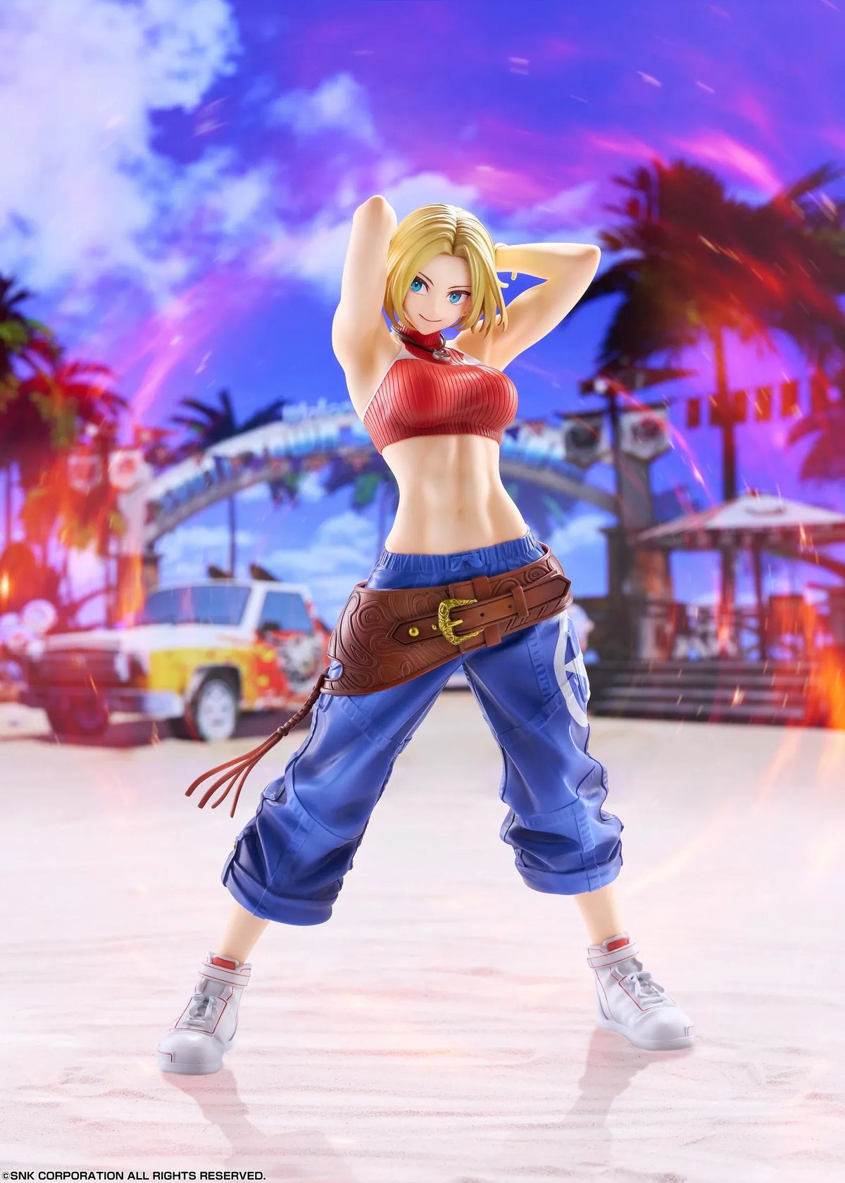 Blue Mary Limited Edition 1/7 scale figure wearing a red crop top, blue pants, brown belt, and white sneakers in a confident standing pose.