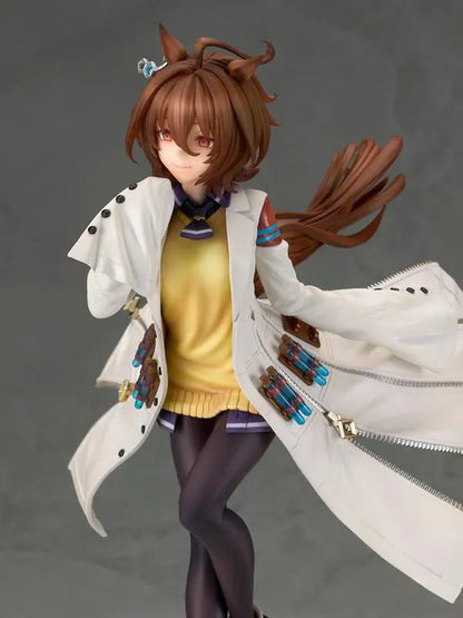 Agnes Tachyon 1/7 scale figure wearing an oversized white laboratory coat, yellow sweater, and dark tights on a decorative base.