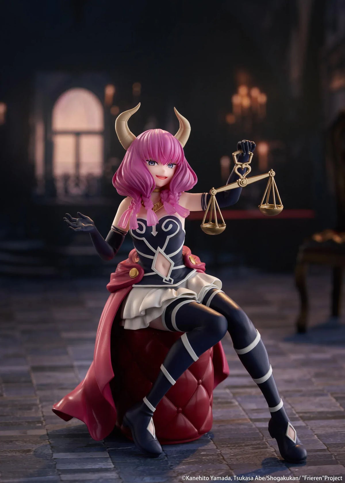 Desktop Cute Aura figure seated on a burgundy tufted stool, with purple hair, curved horns, a dark outfit, and golden balance scales held aloft.