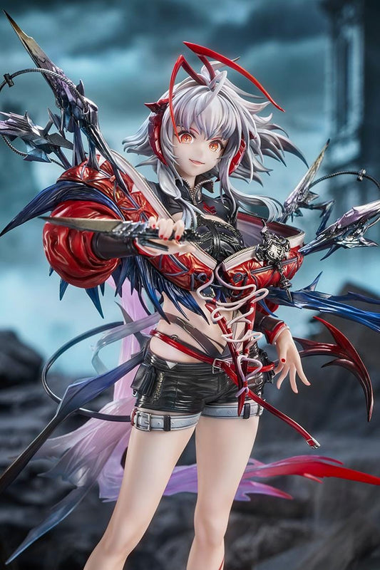 Arknights Wiš'adel 1/7 scale figure with silver-gray hair, red horns, a red-and-black outfit, angular weapon details, and a circular base.