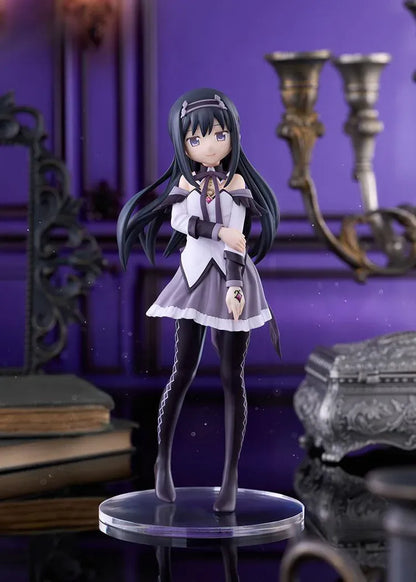 Homura Akemi figure with long black hair, violet eyes, a white and purple outfit, and diamond-patterned stockings, smiling with one hand resting on her arm.