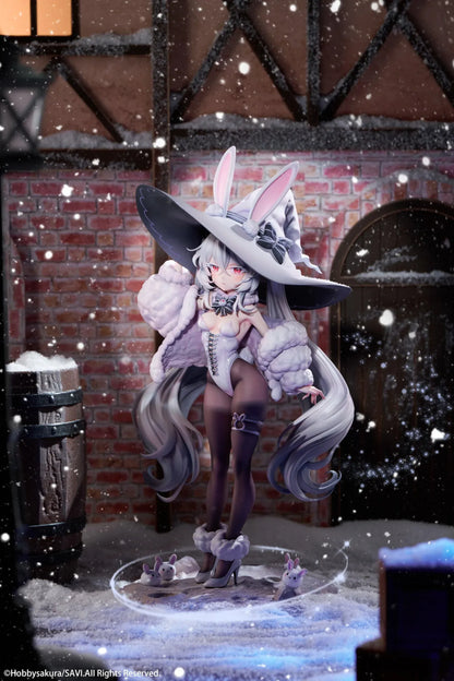 Moon Witch Police Marshmallow Deluxe Ver. 1/6 Scale Figure featuring Marshmallow with silver hair, bunny ear witch hat, lavender outfit, fluffy sleeve accents, bunny companions, and moon-themed display base.