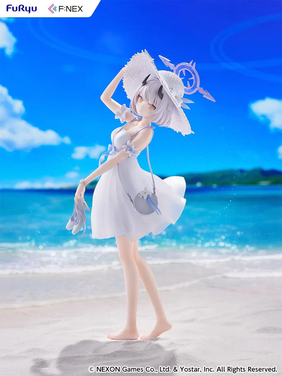 Blue Archive Sena Casual 1/7 Scale Figure featuring Sena with short silver hair, white dress, wide-brim hat, sandals in hand, and seaside-themed display base.