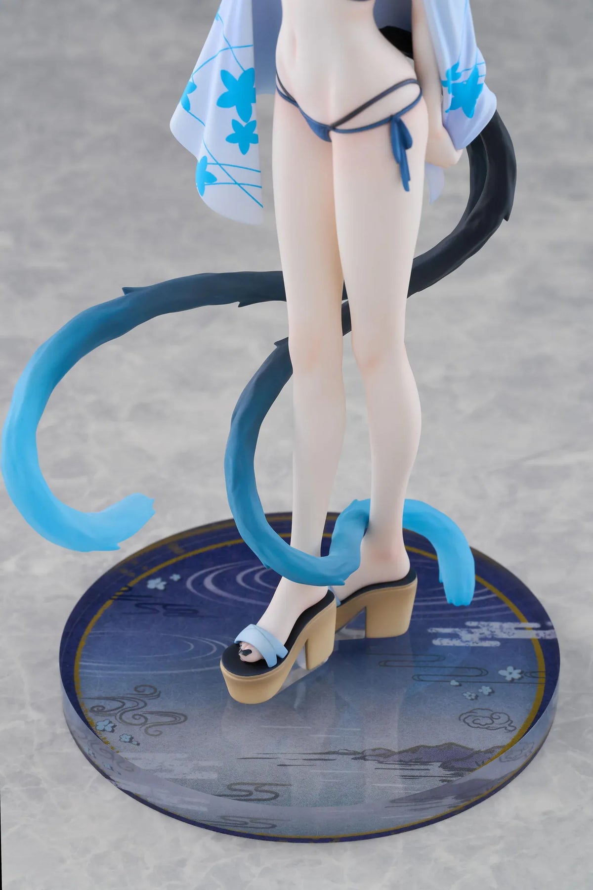 Blue Archive Kikyou Swimsuit 1/7 scale figure with a floral cover-up, pointed ears, blue halo, and twin tails on a circular base.