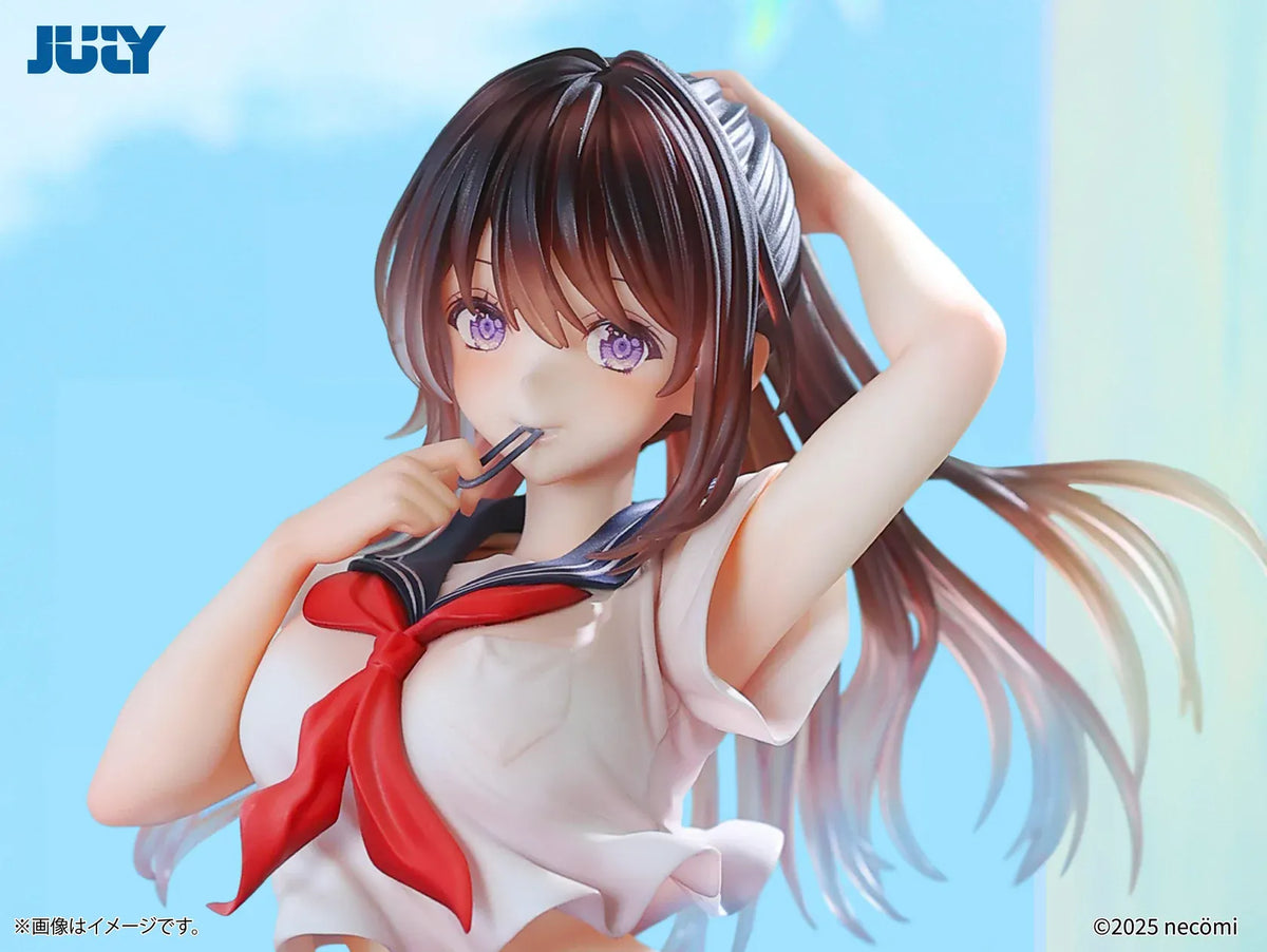 Summer Girl 1/6 Scale Figure featuring a brown-haired anime girl with purple eyes, a white sailor-style top, red necktie, navy-blue pleated skirt, and blue school bag.