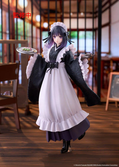 My Dress-Up Darling AMP+ Marin Kitagawa Shizuku Kuroe at the School Festival Ver. Figure featuring dark purple hair, violet eyes, a black and white maid outfit with long kimono-style sleeves, a white apron, and a serving tray of colorful sweets on a wooden display base.